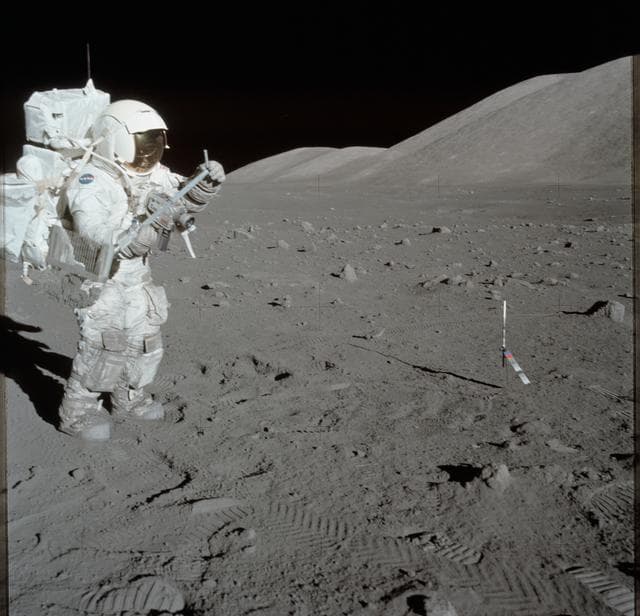 NASA image: Astronaut Harrison Schmitt collects lunar rake samples during EVA