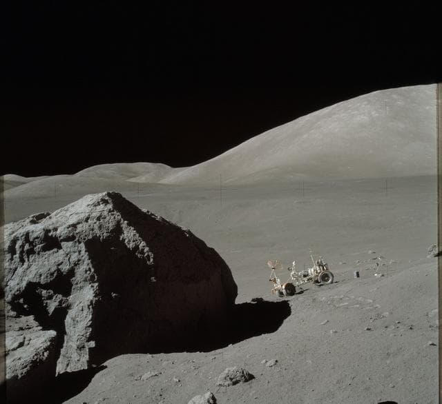 NASA image: View of Lunar Roving Vehicle parked at Station 6 by Apollo 16 astronauts