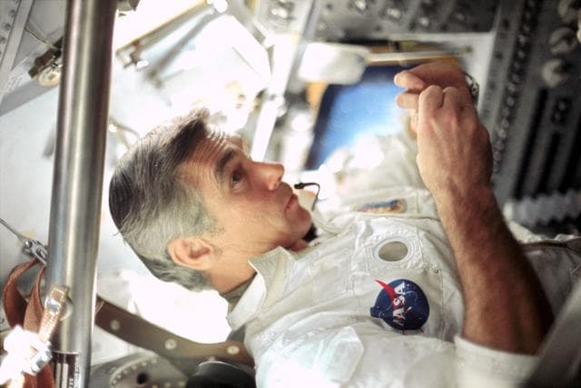Candid photo of Astronaut Eugene Cernan aboard Apollo 17 spacecraft