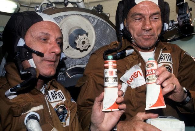 NASA image: Astronauts Stafford and Slayton visit Soviet Soyuz spacecraft