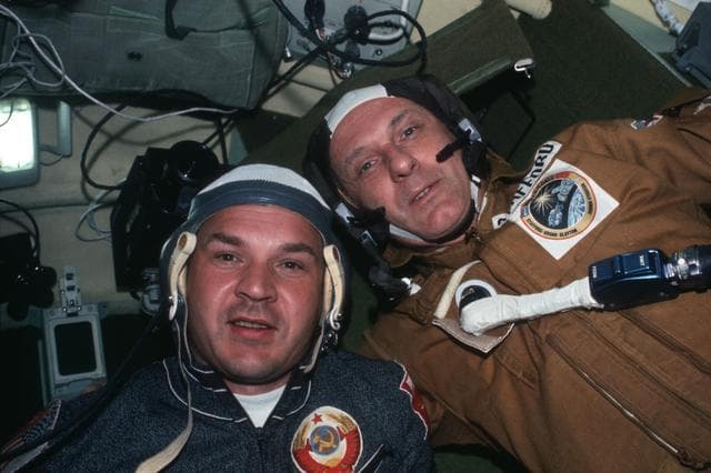 NASA image: Cosmonaut Kubasov and Astronaut Stafford during ASTP visit
