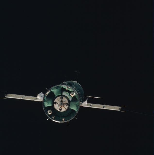 NASA image: Soviet Soyuz spacecraft in orbit as seen from American Apollo spacecraft