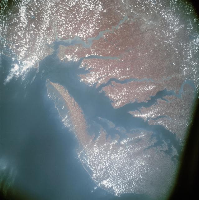 NASA image: Infrared view of Chesapeake Bay showing Virginia, Maryland and Delaware