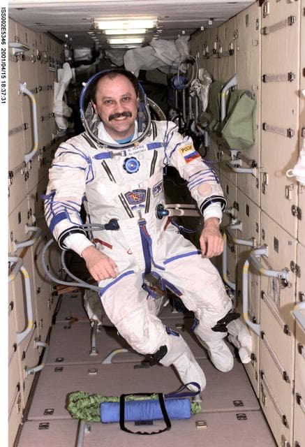 NASA image: Usachev wearing Sokal suit in FGB/Zarya module