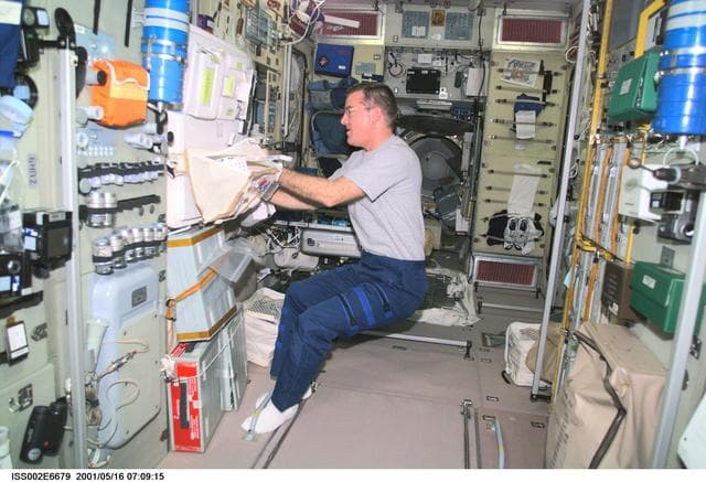 NASA image: Voss with stowage bag in Zvezda module