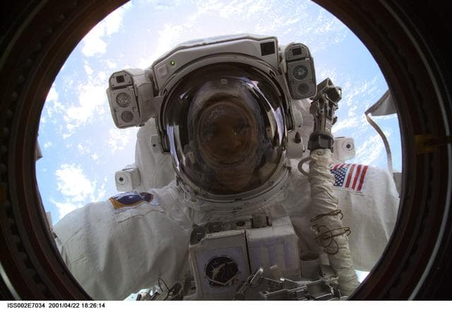 NASA image: View of STS-100 MS Parazynski during EVA 1 at Destiny laboratory window