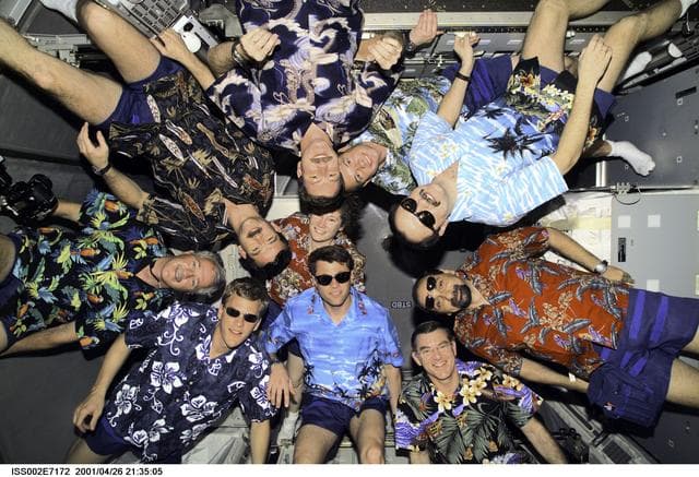 NASA image: Joint STS-100 and Expedition Two crew portrait in Hawaiian shirts