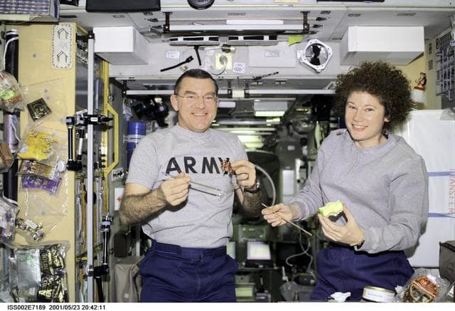 NASA image: Helms and Voss eat a meal in the Service Module