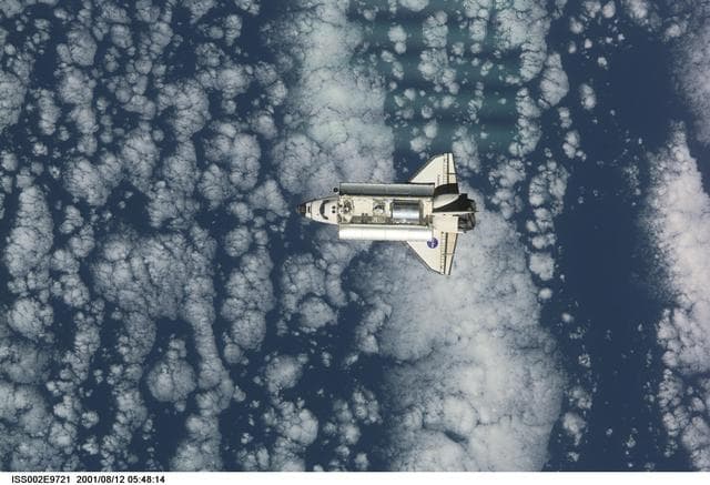 NASA image: STS-105 orbiter Discovery on approach for docking with ISS