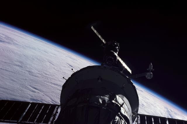 NASA image: View of the approach of the new Soyuz Spacecraft taken during Expedition Three