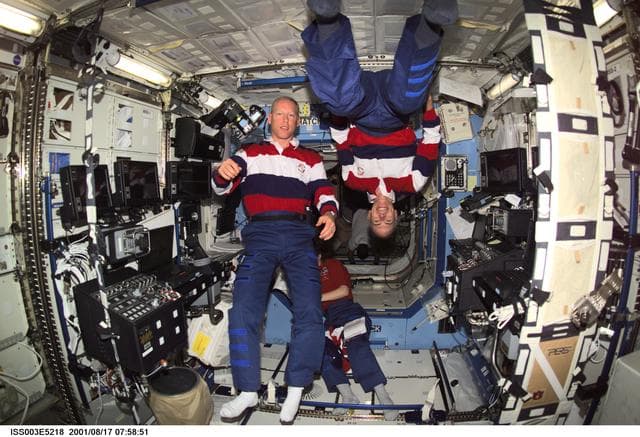 NASA image: STS-105 MS Barry and MS Forrester pose in the U.S. Laboratory