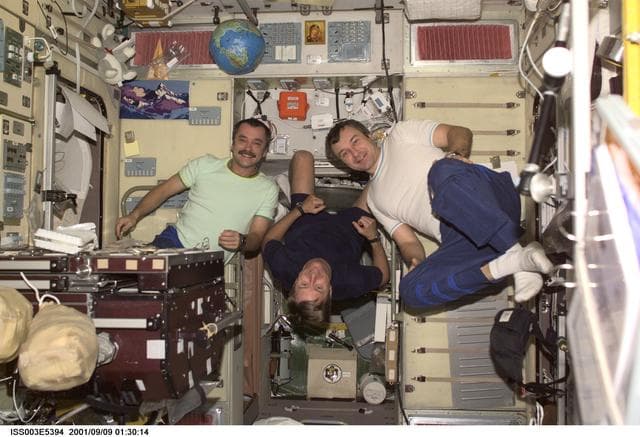 NASA image: The Expedition Three crew pose in the Service Module