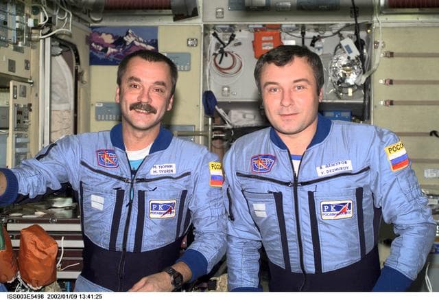 NASA image: Dezhurov and Tyurin pose in Zvezda during Expedition Three