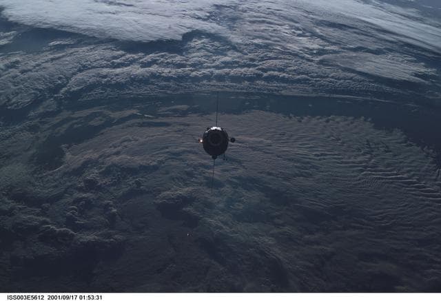 View of the Pirs Docking Compartment approaching the ISS during Expedition Three