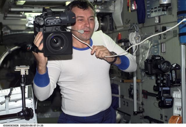 NASA image: Dezhurov uses a HD camera in Zvezda during Expedition Three