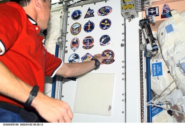 NASA image: Horowitz adheres a STS-105 mission logo to a Node 1 panel