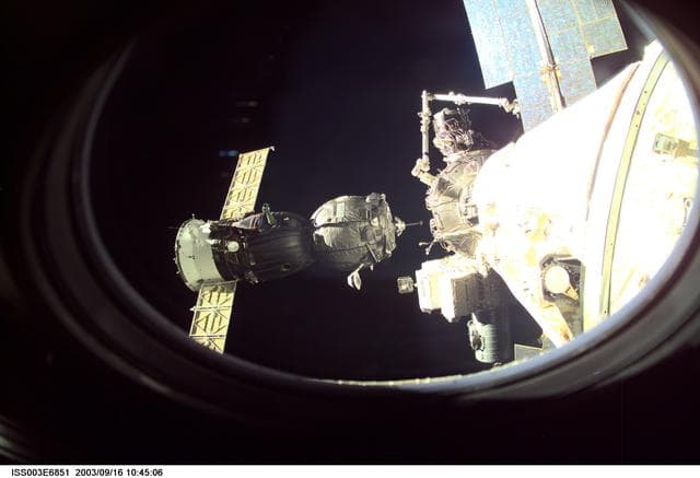 NASA image: View of the approach of the Soyuz carrying the Taxi crew taken during Expedition Three