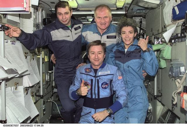 NASA image: Taxi and Expedition Three crews pose for a group photo in Zvezda during Expedition Three
