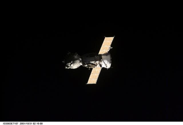NASA image: View of the Soyuz carrying the Taxi crew after undocking taken during Expedition Three
