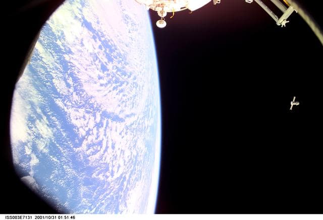 NASA image: Distant view of the Soyuz carrying the Taxi crew after undocking from the ISS