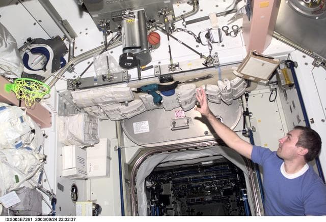 NASA image: Dezhurov shoots a basketball in Node 1 during Expedition Three