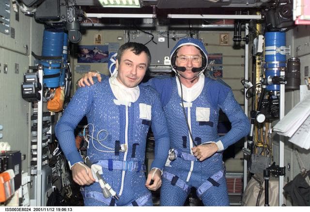 NASA image: Dezhurov and Culbertson pose in Zvezda before the third EVA of Expedition Three