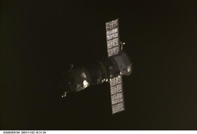 NASA image: View of a Progress spacecraft after undocking from the ISS during Expedition Three