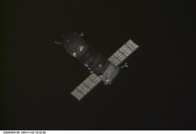 NASA image: View of a Progress spacecraft after undocking from the ISS during Expedition Three