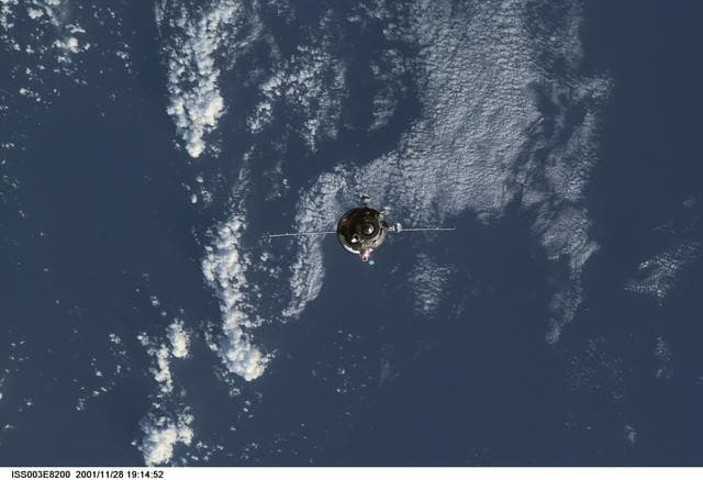 NASA image: View of a Progress spacecraft before docking with the ISS during Expedition Three