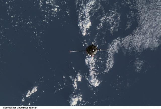 NASA image: View of a Progress spacecraft before docking with the ISS during Expedition Three