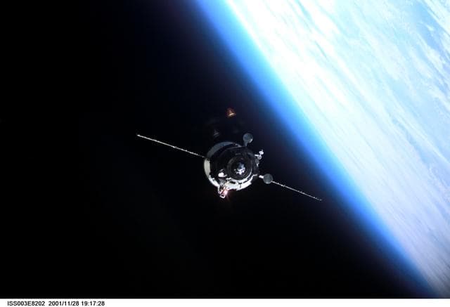 NASA image: View of a Progress spacecraft before docking with the ISS during Expedition Three