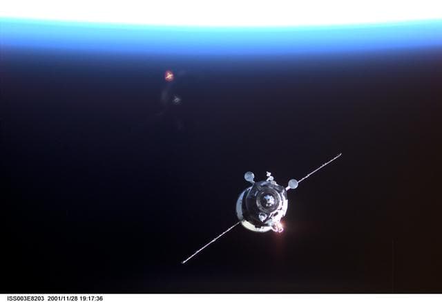 NASA image: View of a Progress spacecraft before docking with the ISS during Expedition Three
