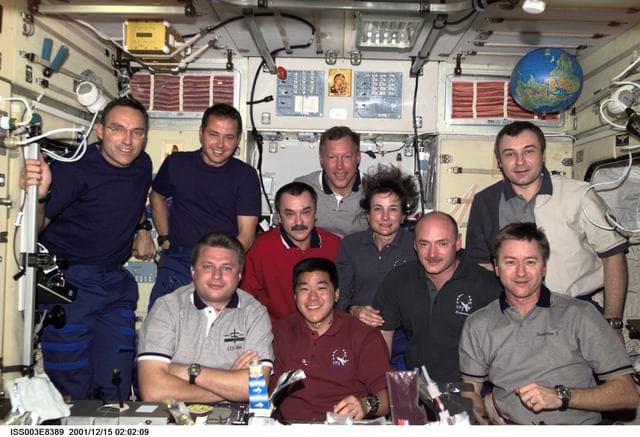 NASA image: Expedition Three, Expedition Four and STS-108 crews pose for group portrait in Zvezda