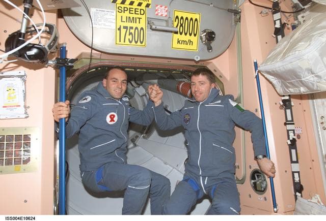 NASA image: Soyuz 4 SFP Shuttleworth and FE-1 Vittori in Node 1 during Expedition Four