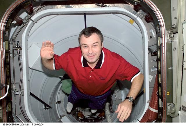 NASA image: Vladimir Dezhurov smiles for the camera from PMA 2 during Expedition Three / Four