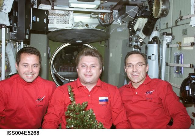 NASA image: Expedition Four Crew Christmas 2001 portrait in the ISS Zvezda SM
