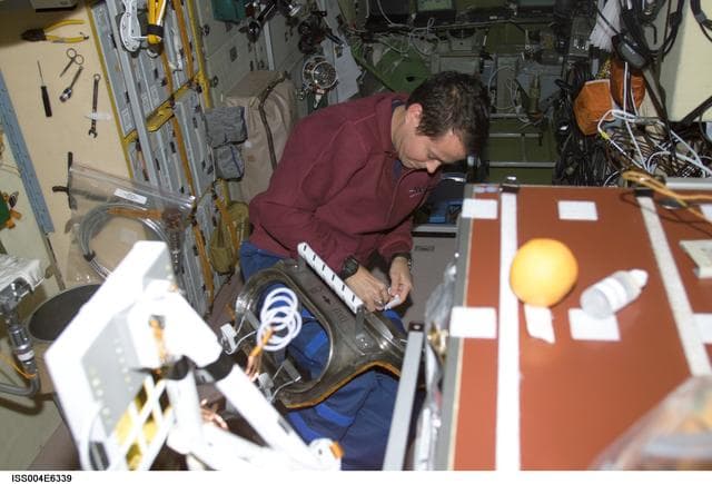 NASA image: Bursch configures equipment in the SM for EVA 2 during Expedition Four