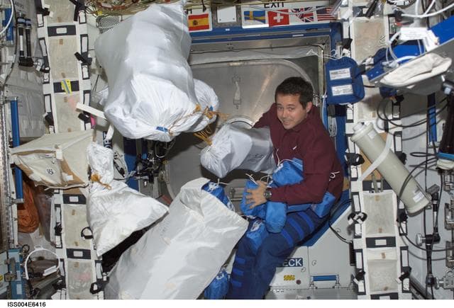NASA image: Bursch works with stowage bags in the U.S. Laboratory during Expedition Four