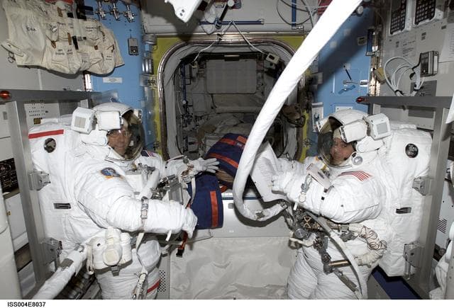 NASA image: Bursch and Walz prebreathe OPS for EVA 3 in the Quest Airlock, Expedition Four