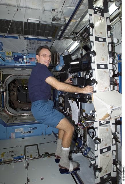 NASA image: Walz works with SSRMS controls in the U.S. Laboratory during Expedition Four
