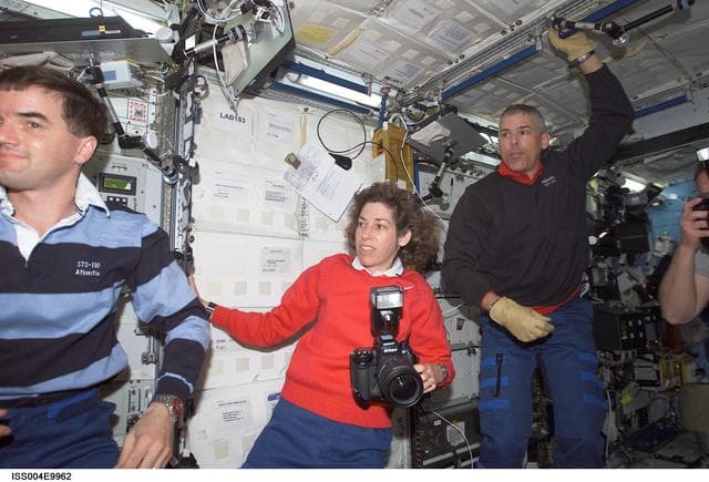 NASA image: STS-110 MS Walheim, Ochoa, and Morin in U.S. Destiny Lab during Expedition Four