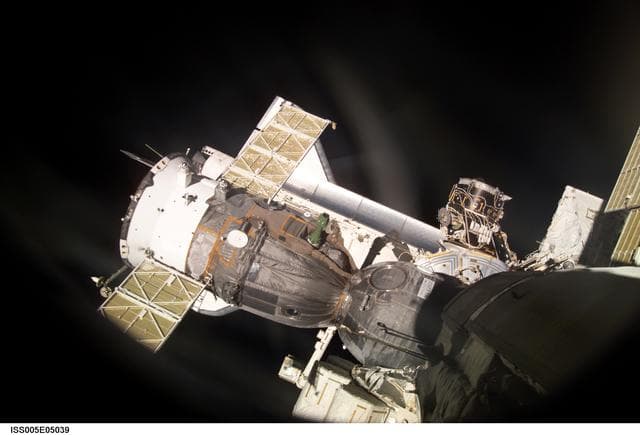 NASA image: View of Soyuz docked to the FGB taken during the Expedition Five Mission