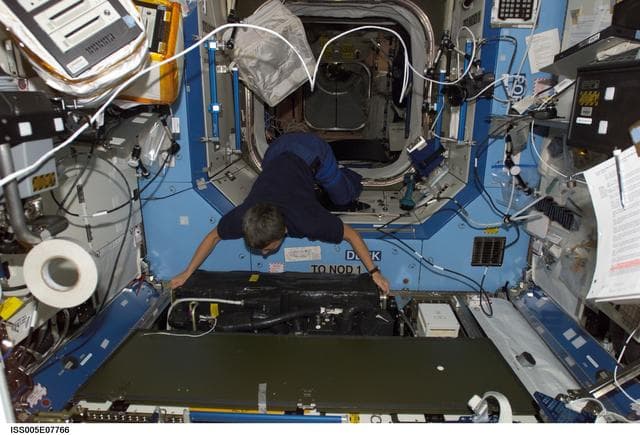 NASA image: Whitson moves equipment in the U.S. Laboratory during Expedition Five on the ISS