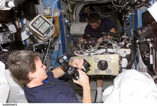 NASA image: Whitson prepares to use a still camera in the U.S. Laboratory during Expedition Five