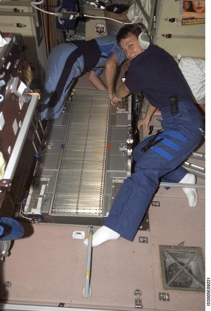 NASA image: Whitson and Treschev work on TVIS treadmill