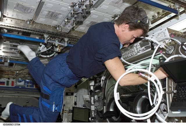 NASA image: Whitson working on the MSG in the U.S. Laboratory during Expedition Five on the ISS