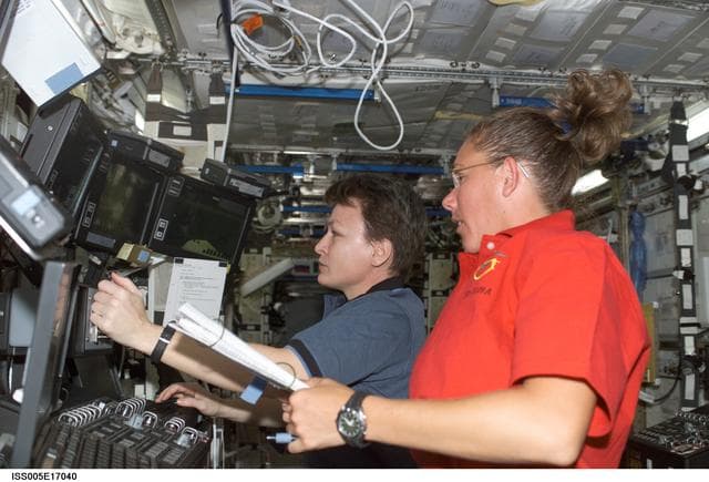NASA image: Magnus and Whitson working in the U.S. Laboratory during Expedition Five on the ISS