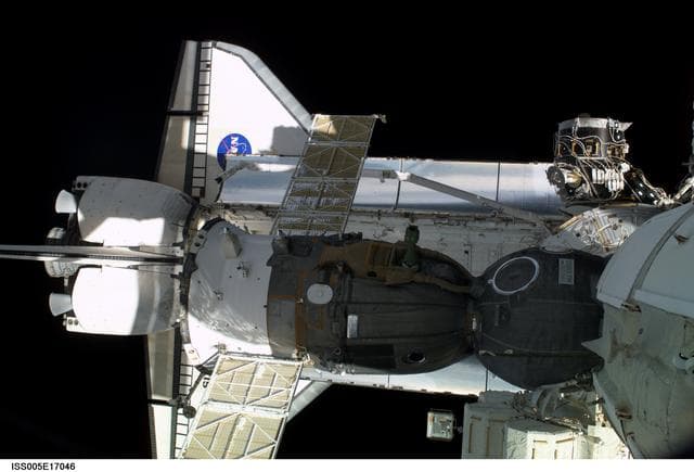 NASA image: Soyuz spacecraft, Airlock, PMA3, and the Orbiter Atlantis during Expedition Five