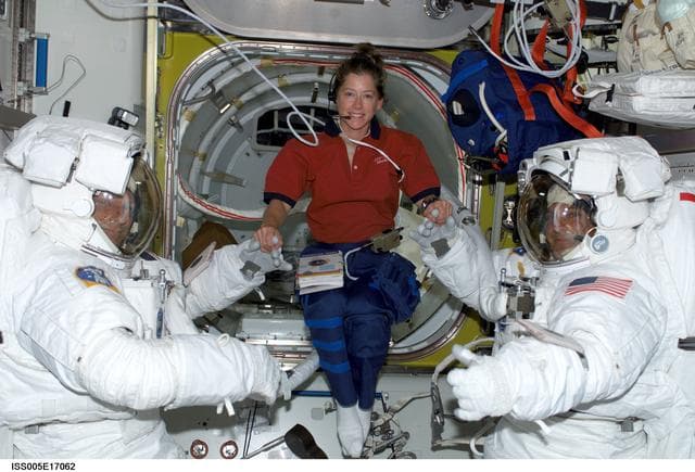 NASA image: Sellers and Wolf attired in their EMU's during Expedition Five on the ISS