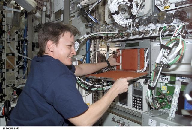 NASA image: Whitson works with the PCG-STES in the U.S. Laboratory during Expedition Five